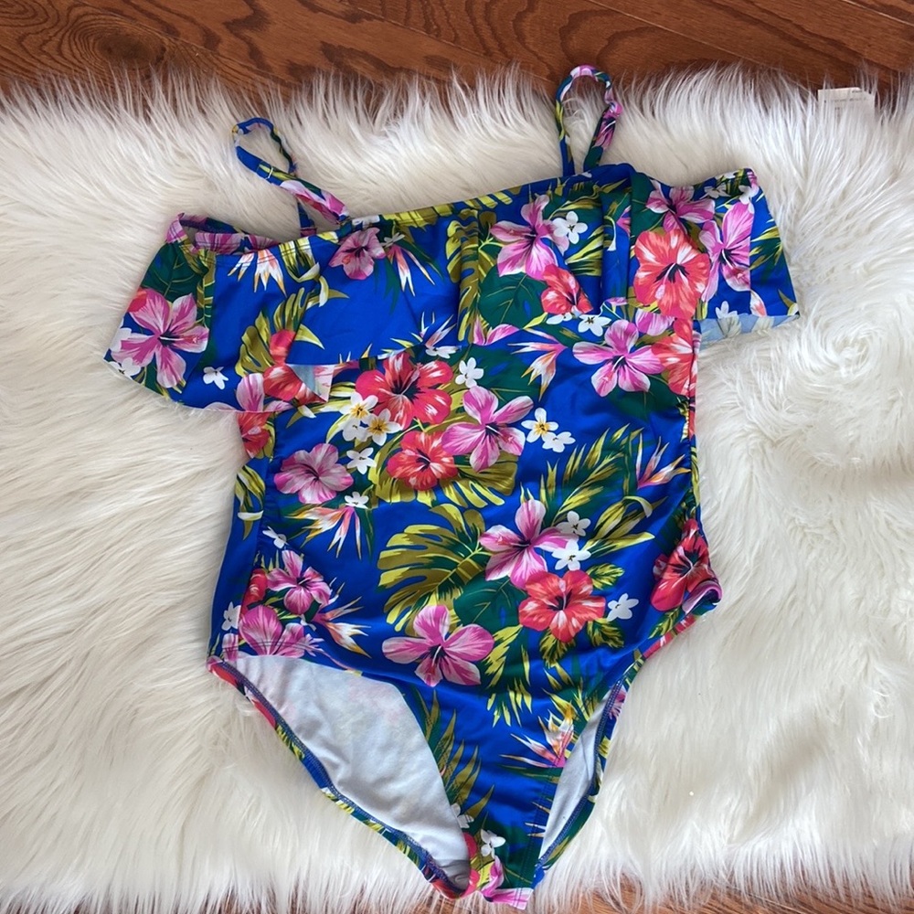 Kona Sol Off-Shoulder Flounce Blue Tropical One-Piece Suit Sz L